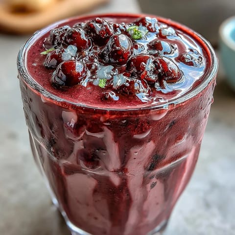 Visualizing our Cherry Almond Smoothie: vibrant crimson, thick pour, topped with almonds.