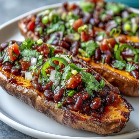 Vibrant roasted sweet potatoes topped with smoky chipotle black beans and zesty salsa.