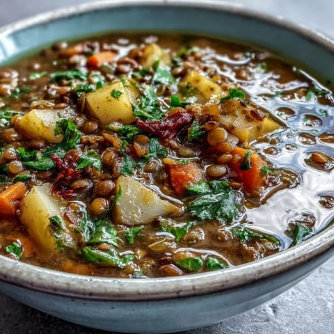 A spoonful of vibrant vegetarian lentil stew with kale, carrots, and potatoes in a cozy pot.