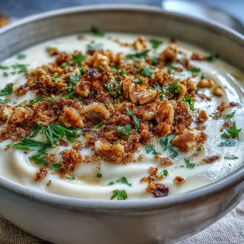 Roasted celeriac soup garnished with crunchy hazelnut crumble, fresh herbs, and a warm, creamy texture.