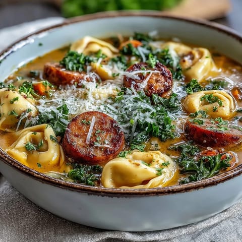 A steaming bowl of Pumpkin Tortellini Soup featuring chicken sausage and kale with a Parmesan garnish.