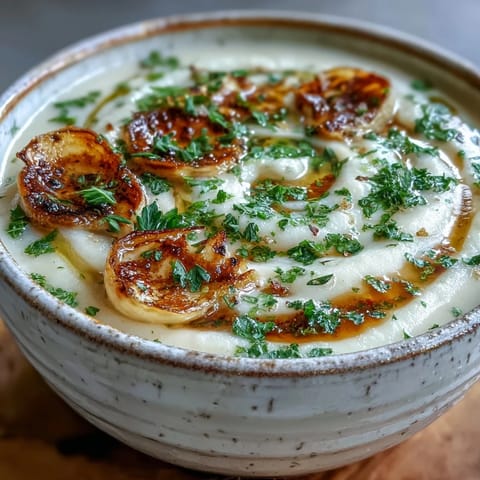 Creamy Roasted Garlic Soup in a rustic bowl, garnished with fresh parsley and croutons, served warm for cozy comfort.