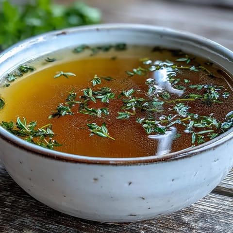 Homemade Vegetable Broth From Scraps being strained into a glass jar for storage.