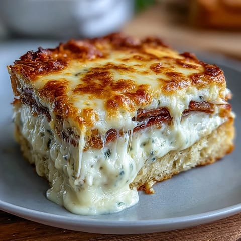 Slices of savory ham and buttery bread layers peek through the golden, melted cheese crust of the casserole.