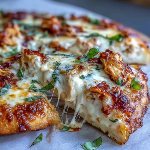 Sliced Marry Me Chicken Pizza shows a cheesy pull with savory chicken and rich sauce.