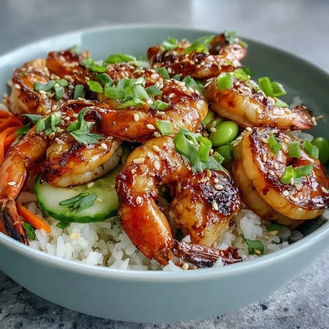 Freshly grilled shrimp glistens atop fluffy jasmine rice with vibrant edamame and crisp veggies in this Asian Shrimp Bowl, drizzled with tangy ginger-sesame dressing.