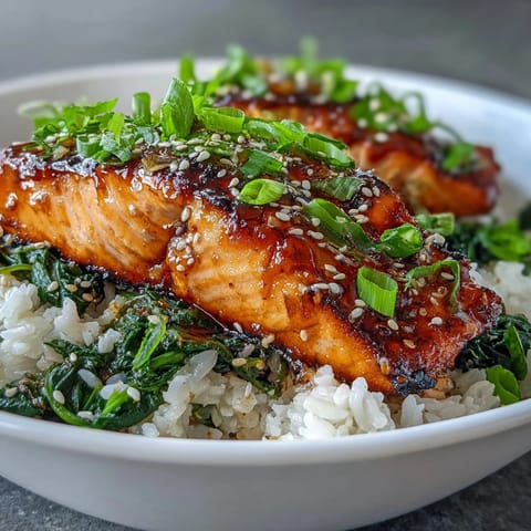A close-up of a Miso Glazed Salmon Bowl featuring caramelized glaze, fluffy rice, and sesame seeds. 