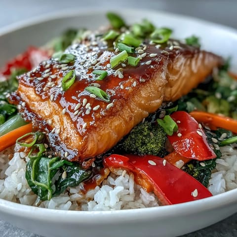 Glazed Teriyaki Salmon Bowl with tender fish, fluffy rice, and crisp stir-fried vegetables, drizzled with extra sauce and topped with fresh scallions.