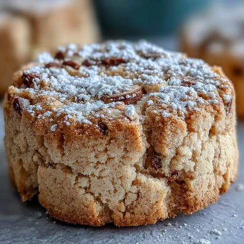 Stacked Hojicha Shortbread cookies dusted with powdered sugar beside a steaming cup of green tea.
