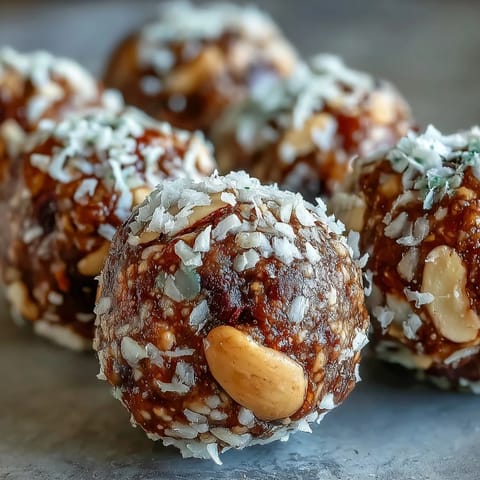 Hojicha energy balls rolled in shredded coconut, showcasing their no-bake texture and rich roasted tea flavor.