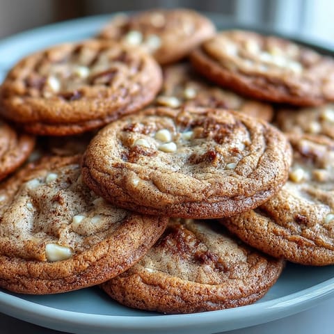 Golden Brown Butter Hojicha & Earl Grey Cookies stacked on a plate beside a cup of tea.