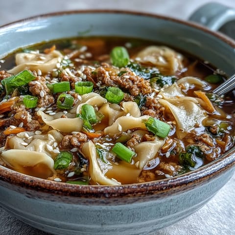 Hearty One-Pot Egg Roll Soup ladled into a bowl, garnished with fresh green onions.