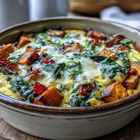 Savory Easy Sweet Potato Egg Casserole with melted cheddar and feta, perfect alongside fresh salad or toast.