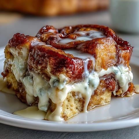 Slices of Cream Cheese Swirl Cinnamon Roll French Toast Bake on a plate, drizzled with maple syrup for a sweet brunch.