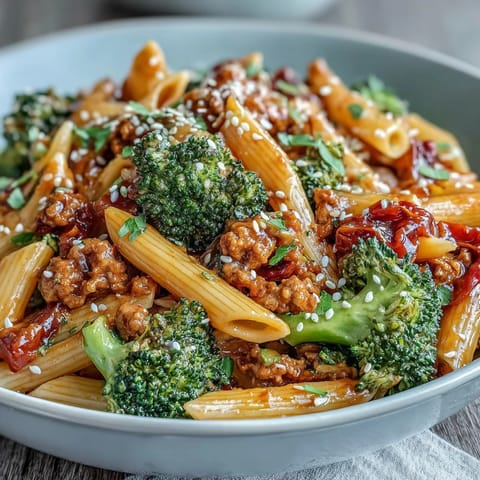 Close-up of Sweet & Spicy Turkey Broccoli Pasta featuring sautéed lean ground turkey and crisp-tender broccoli florets in a glossy, sweet and spicy sauce coating penne pasta.