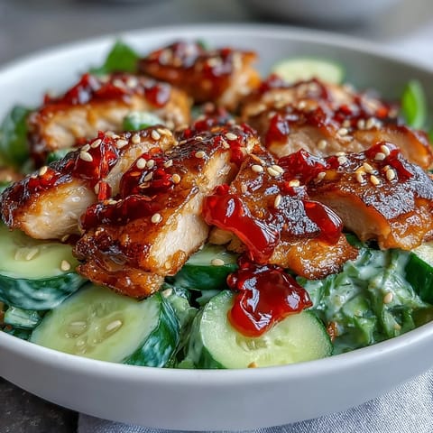 A serving of TikTok Chili-Crisp Cucumber Chicken Bowls garnished with cilantro, sesame seeds, and a lime wedge.
