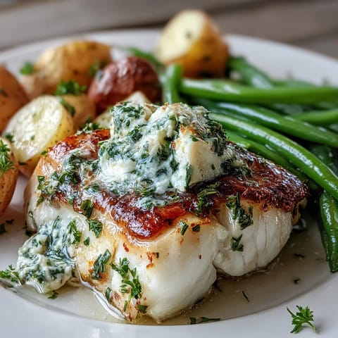 Tender Garlic Herb Butter Cod with Green Beans and Baby Potatoes plated with lemon slices and fresh herbs.