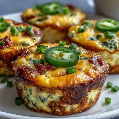 Golden Keto Jalapeño Cheddar Egg Cups, puffed and speckled with red bell pepper, rest on a white plate.