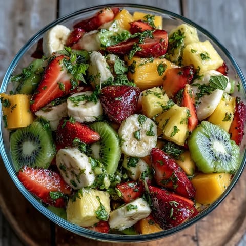 Vibrant bowl of Tropical Fruit Salad with Mint Lime Dressing, featuring colorful diced fruit and glistening dressing.