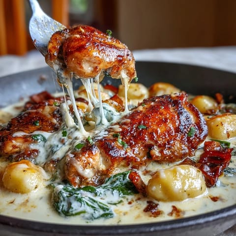 Creamy garlic chicken gnocchi in a skillet, with tender chicken thighs nestled in a rich Parmesan sauce and fresh spinach.  