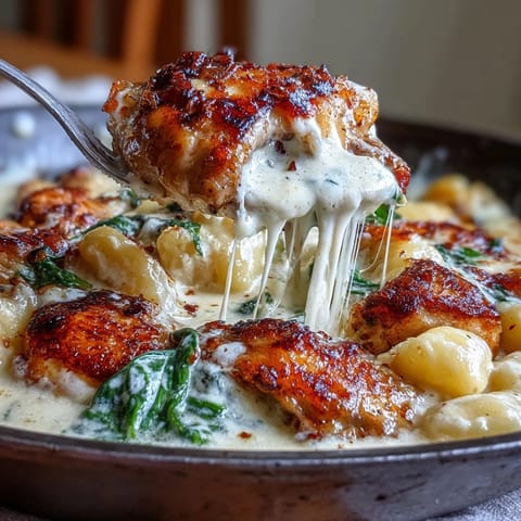 One-pan garlic chicken gnocchi recipe featuring pillowy potato gnocchi, seared chicken, and a garlicky cream sauce with wilted spinach.  