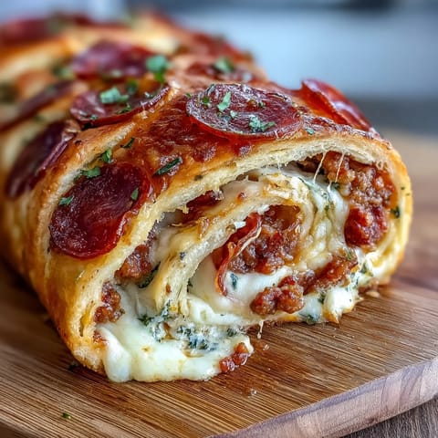Savory baked stromboli filled with seasoned ground beef, melty mozzarella, Parmesan, and pepperoni slices, served with warm pizza sauce.  