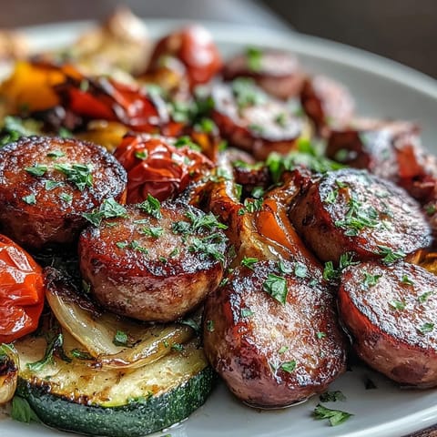 Smoky sheet pan sausage and veggies with naan, roasted to perfection and served with warm garlic bread.  