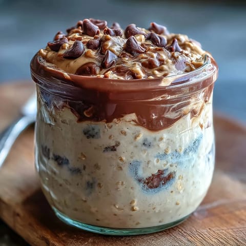Creamy overnight oats layered with peanut butter, cocoa ganache, and chocolate chips for a decadent breakfast treat.  