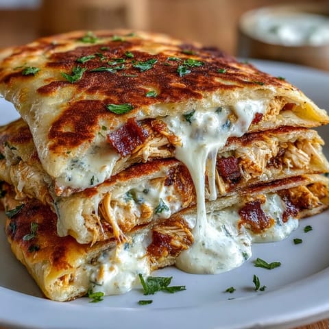 Golden grilled naan stuffed with creamy ranch chicken, melted cheddar, and crispy bacon for a cheesy, savory twist on classic quesadillas.