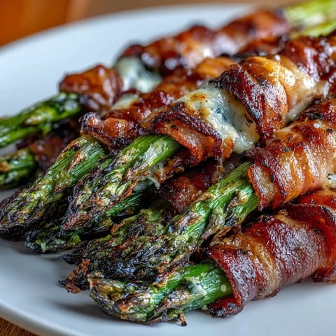 Asparagus bundles wrapped in crispy bacon, roasted and topped with melted Parmesan cheese for a keto-friendly appetizer.  