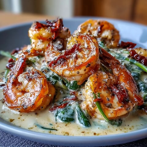 Succulent shrimp and tender zucchini noodles tossed in a garlicky cream sauce with spinach and Parmesan, perfect for an easy Italian-inspired dinner.  