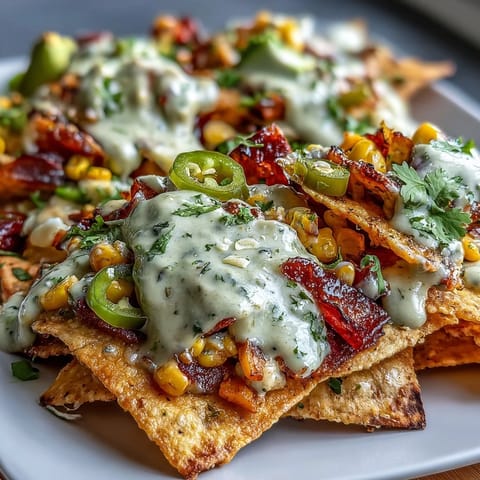 Vibrant vegan nachos loaded with roasted vegetables, tangy salsa verde, and creamy cashew queso on crispy tortilla chips.