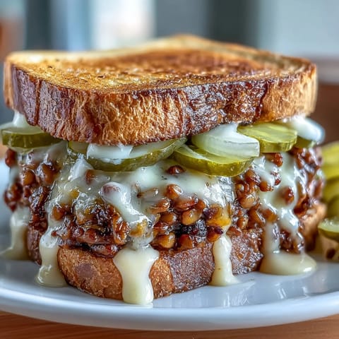 Savory lentil sloppy joe filling piled high on golden toasted sourdough, topped with melty vegan cheese and fresh garnishes.  
