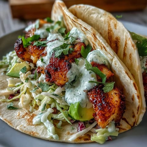 Vibrant fish tacos with zesty lime marinade, fresh cilantro crema, and colorful slaw piled high in warm corn tortillas.  