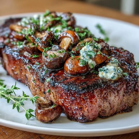 Juicy ribeye steak glazed with rich wild mushroom and garlic butter, creating an irresistible aroma and golden crust.  