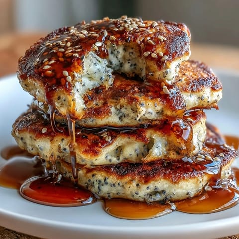 Golden pancakes swirled with homemade black sesame paste, served warm with a side of fresh berries for a vibrant breakfast.  