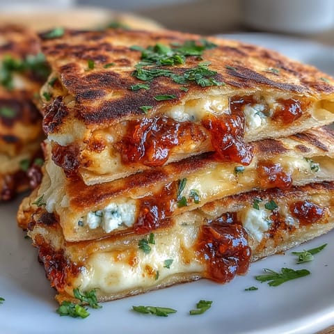A golden, crispy quesadilla filled with tangy goat cheese and sweet-spicy chili jam, ready to serve.