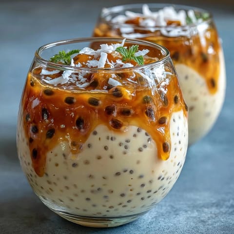 Creamy chia pudding infused with tangy passionfruit puree and topped with fresh coconut, perfect for a healthy vegan breakfast or light dessert.