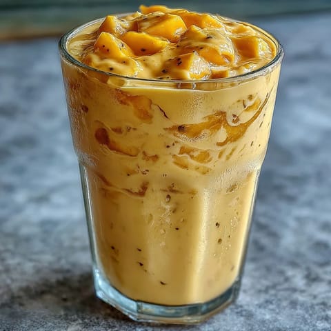 Refreshing Indian mango lassi featuring sweet mango, honey, and cardamom, blended to silky smoothness for a cool summer drink.