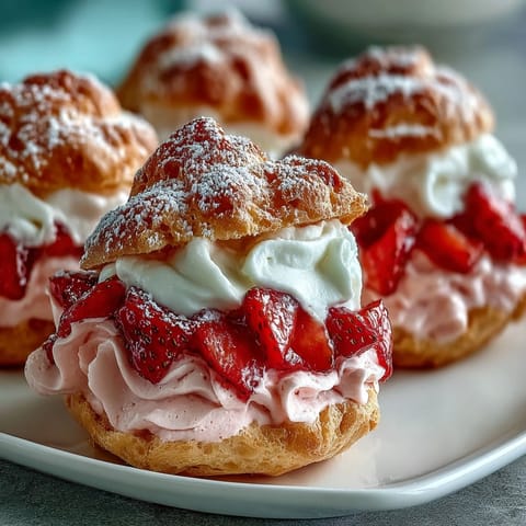 Golden-baked Valentine cream puffs bursting with fresh strawberry filling, perfect for festive celebrations or sweet gifts.