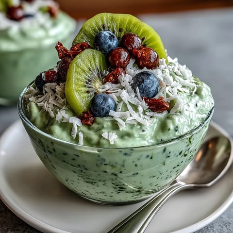 A jar of matcha overnight oats topped with fresh kiwi slices and shredded coconut, showcasing vibrant green layers and a creamy texture.