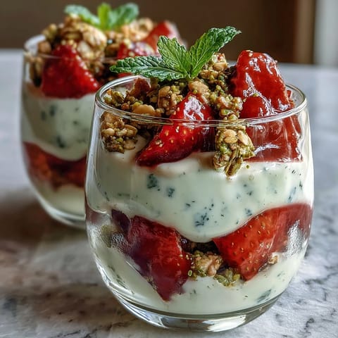 Pistachio and Strawberry Breakfast Parfait with creamy yogurt, fresh strawberries, and crunchy granola in a vibrant layered jar.