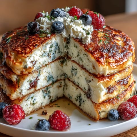 2. Fluffy protein pancakes made with cottage cheese and mixed berries, perfect for a nutritious breakfast.  