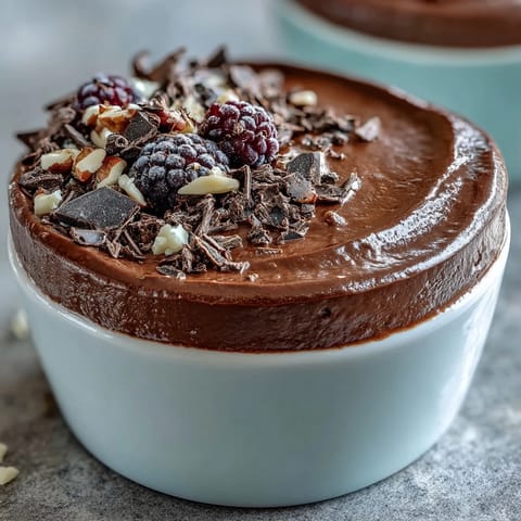 Creamy high-protein chocolate cottage cheese mousse cups with rich cocoa and melted dark chocolate, topped with fresh berries and nuts.