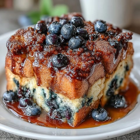 Blueberry Sourdough French Toast Bake with golden crust and juicy berries ready to serve.  