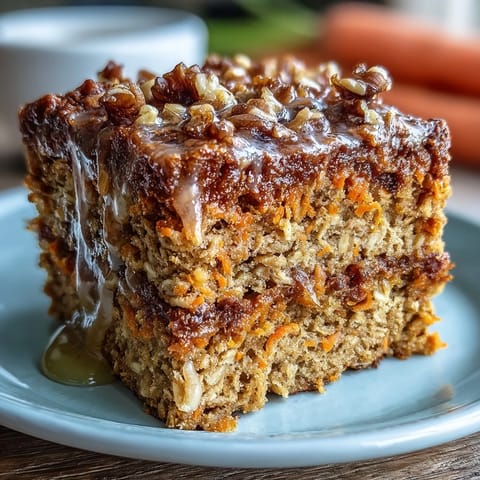 Golden carrot cake-inspired baked oatmeal packed with oats, cinnamon, and nutmeg, ideal for meal prep or brunch.