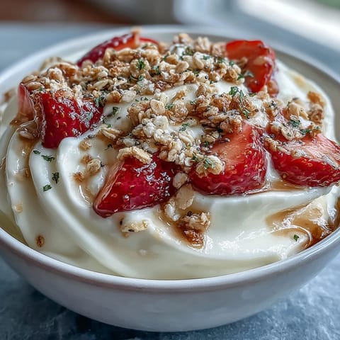 Fluffy yogurt breakfast bowl with strawberries and granola crunch, topped with fresh berries and crunchy granola for a light, satisfying start to your day.