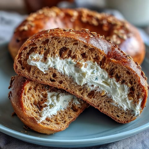 Wholesome honey whole wheat protein bagels with a fluffy yogurt dip, perfect for a nourishing breakfast or snack.  