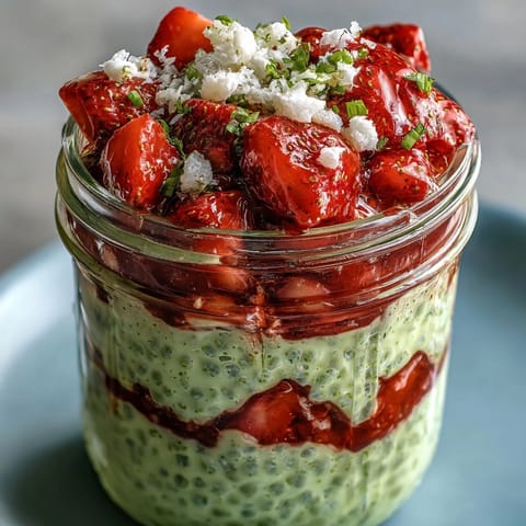 Vibrant strawberry matcha overnight chia oats layered in a jar, featuring creamy oats, energizing green tea, and fresh berries for a refreshing breakfast.
