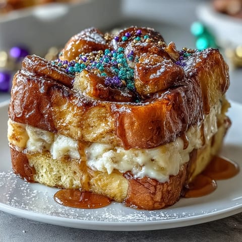 A colorful King Cake Overnight French Toast Bake with cinnamon-swirl bread, creamy custard, and festive purple, green, and gold sprinkles.